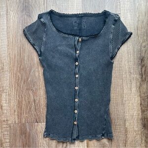 Black Ribbed Button-Up Top